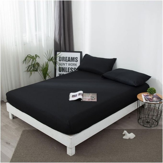 Drap Housse noir de lit avec bande super doux + 2 Taie d'oreiller 160x200cm