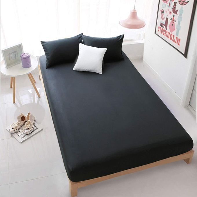Drap Housse noir de lit avec bande super doux + 2 Taie d'oreiller 160x200cm
