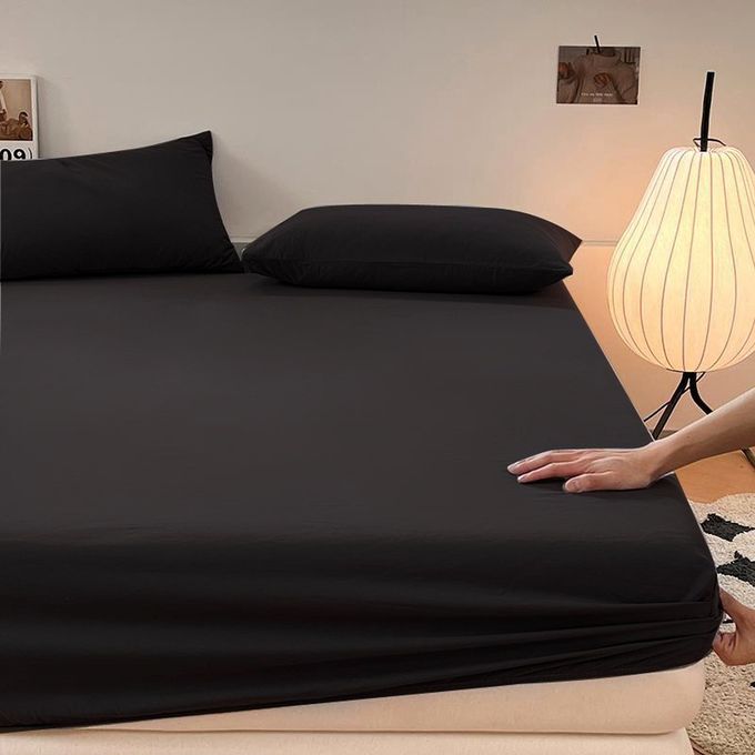 Drap Housse noir de lit avec bande super doux + 2 Taie d'oreiller 160x200cm