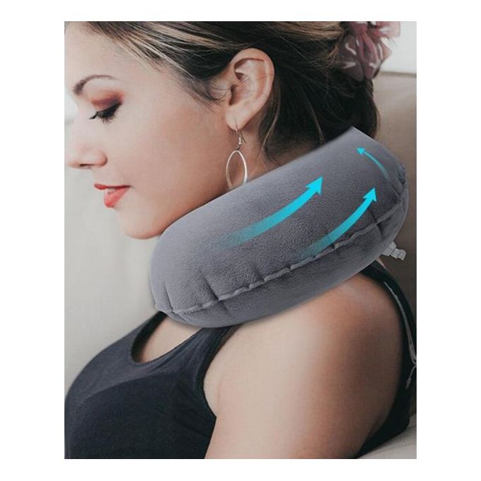 Oreiller en forme de U gris voyage gonflé portable pour extérieur